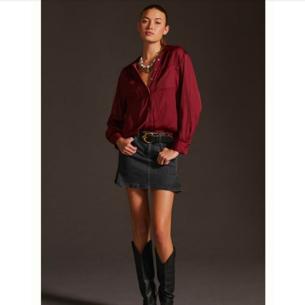 Anthropologie Red Button Down Shirt with Notched Collar size M